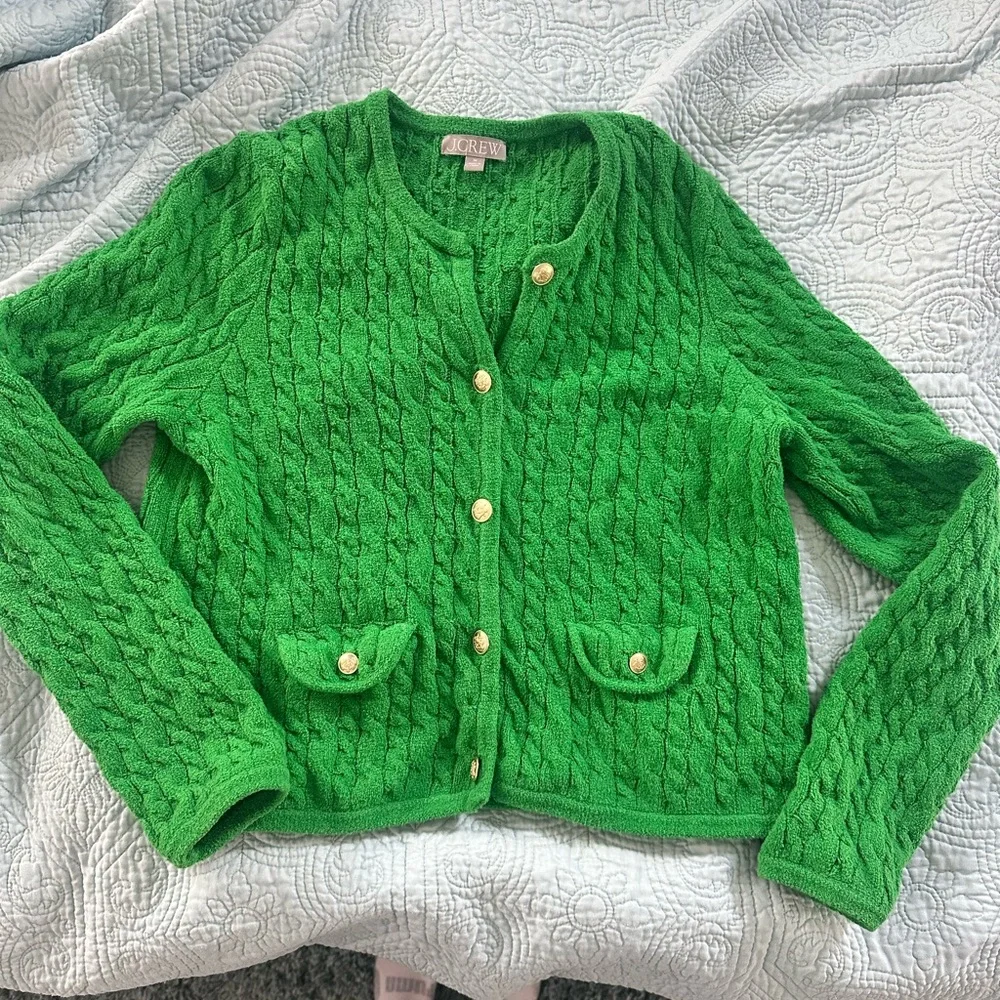 J. Crew Vibrant Green Cardigan Sweater. Cable knit cardigan jacket style sweater - Picture 1 of 10